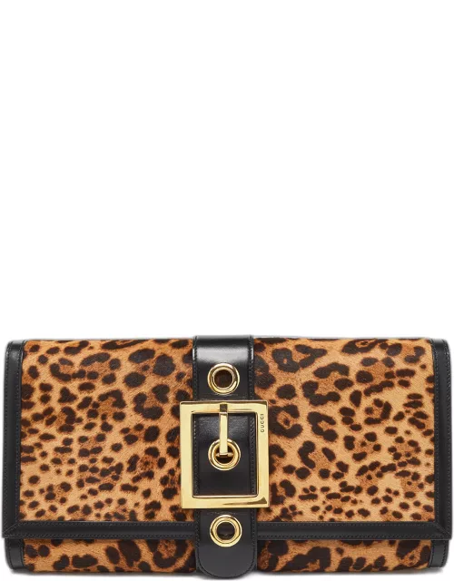 Gucci Brown/Black Leopard Print Calfhair and Leather Lady Buckle Clutch