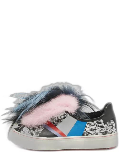 Fendi Multicolor Printed Leather and Faux Fur Flynn Sneaker