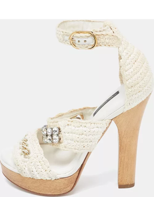 Dolce & Gabbana White Woven Lace Crystal Embellished Ankle Strap Sandal