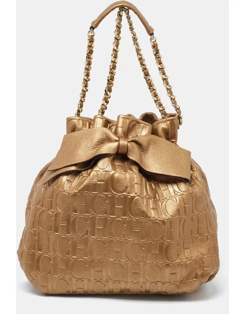 CH Carolina Herrera Gold Embossed Leather Bow Bucket Bag