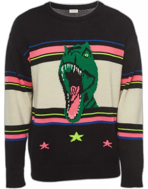 Saint Laurent Black/Multicolor Dinosaur Intarsia Wool Sweater