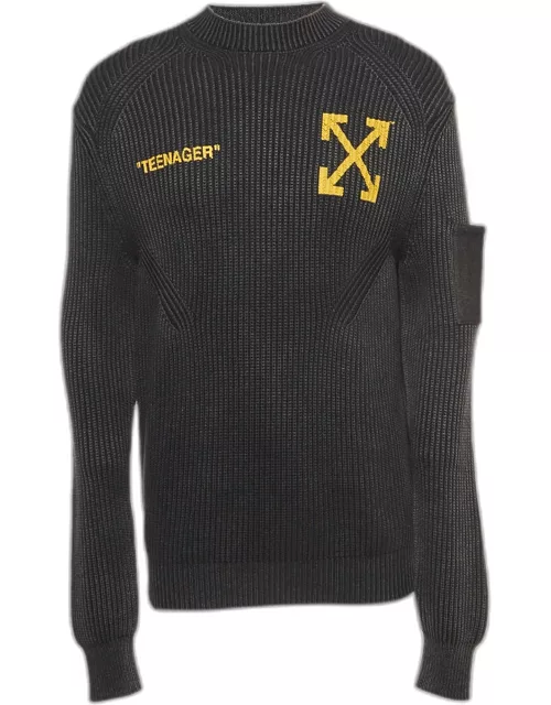 Off-White Charcoal Black Knit Flamed Bart Print Sweater