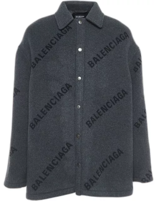 Balenciaga Charcoal Grey All-Over Logo Cashmere Coat