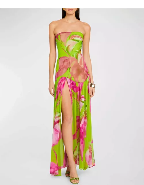 Marisol Strapless Floral Silk Slit Dres