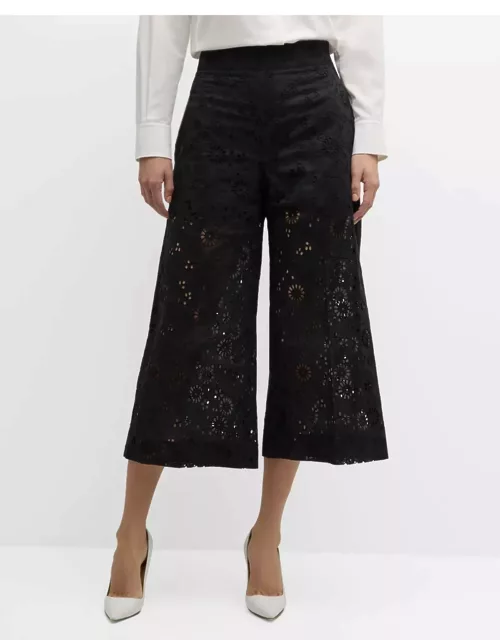 Floral Eyelet Embroidered Wide-Leg Crop Pull-On Pant