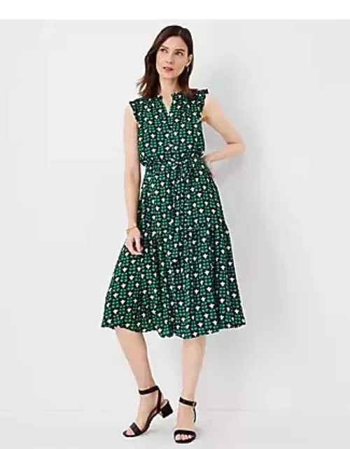 Ann Taylor Floral Tile Ruffle Belted Flare Dres