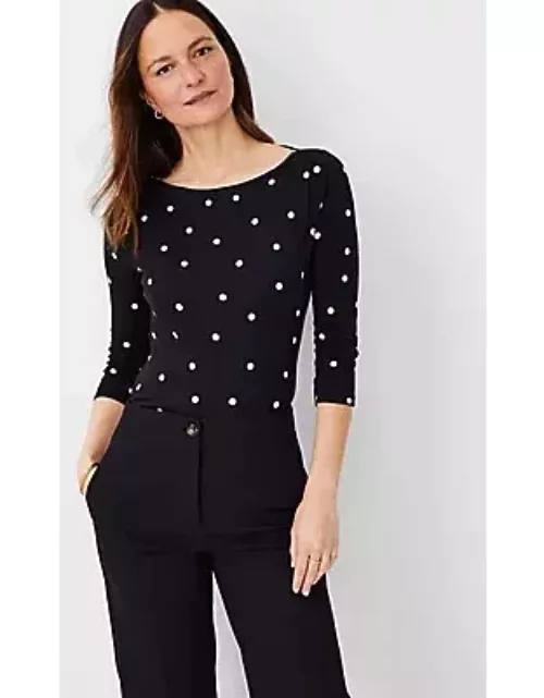 Ann Taylor Dotted Pima Cotton 3/4 Sleeve Boatneck Top