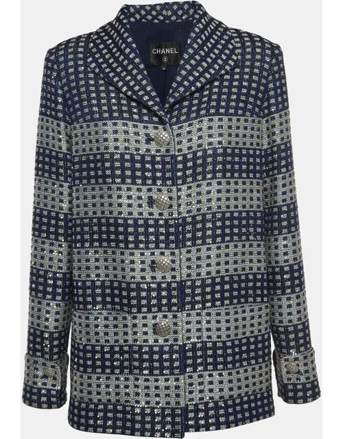 Chanel Blue Glitter Tweed Sequin Detail Long Jacket