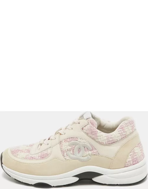 Chanel Cream/Pink Tweed and Leather CC Low Top Sneaker