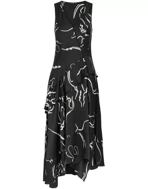 High Swathe Printed Satin Midi Dress - Black - 48 (UK16 / XL)