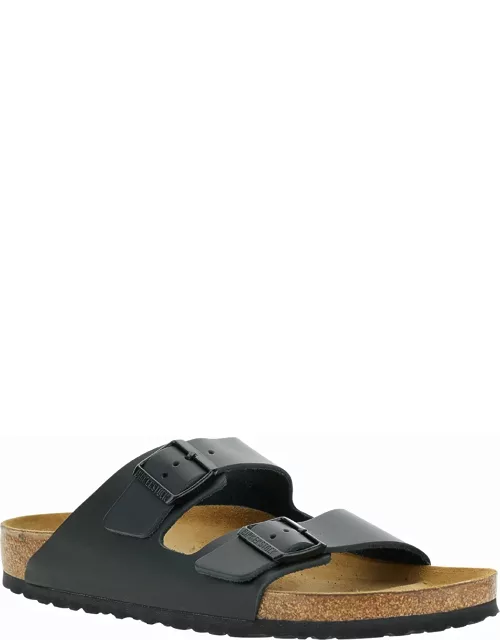 Birkenstock Black Slip-on Sandals With Engraved Logo In Leather And Cork Man
