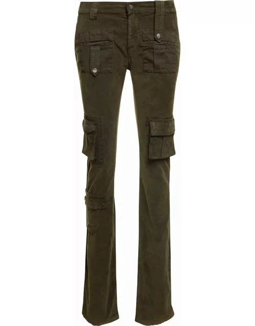 Blumarine Military Green Low-waisted Cargo Pants With Logo Patch In Velvet Woman