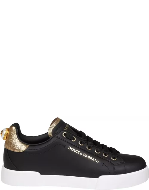 Dolce & Gabbana Portofino Sneakers In Black Leather With Logo Pear