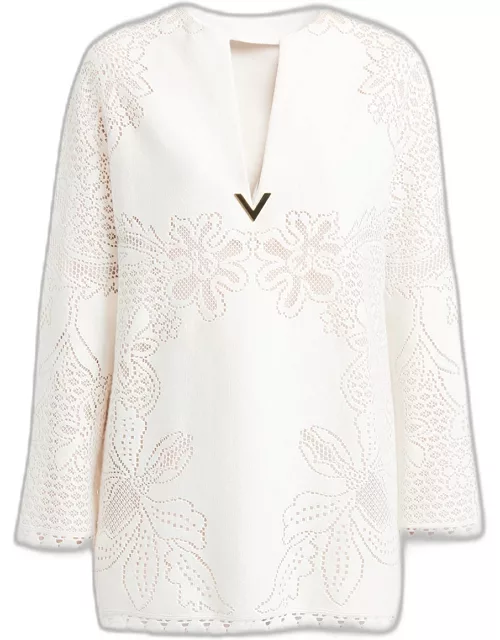 V-Logo V-Neck Long-Sleeve Floral Guipure Tunic Mini Dres