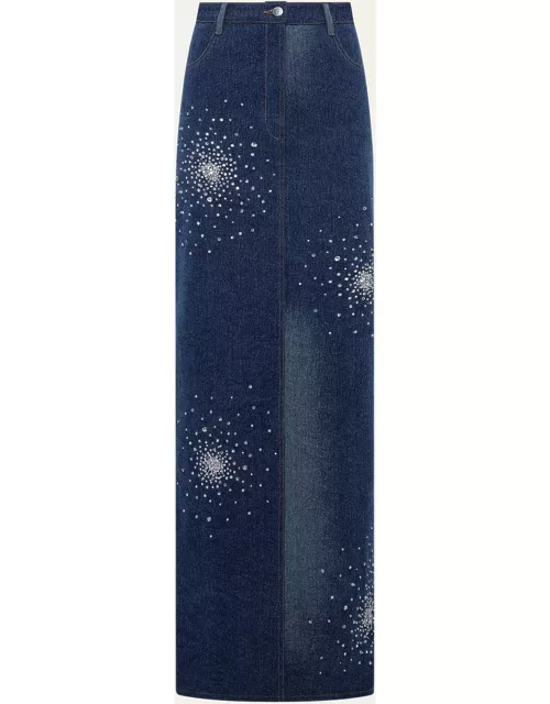 Crystal Embroidered Denim Maxi Skirt