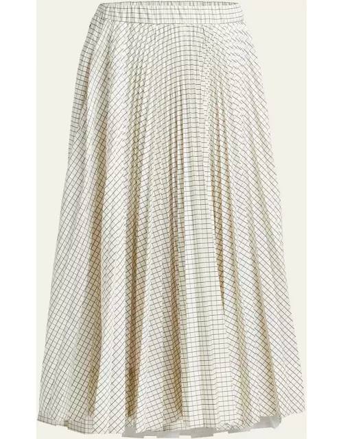 Grid-Print Pleated Midi Skirt