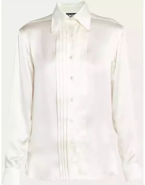 Pleated-Placket Fluid Silk Charmeuse Collared Shirt
