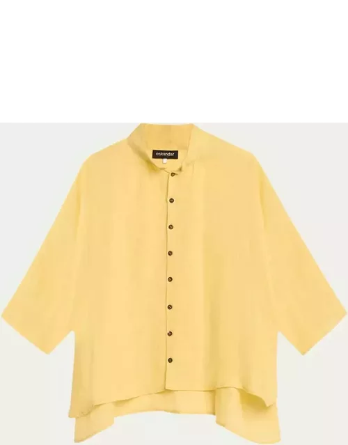 Sloped-Shoulder Wide A-Line Pleated Collar Short-Sleeve Shirt (Mid Length)