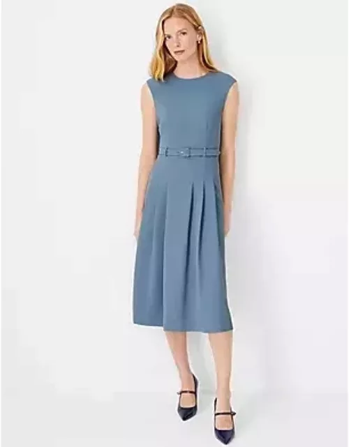 Ann Taylor The Petite Pleated Belted Crew Neck Dress in Fluid Crepe