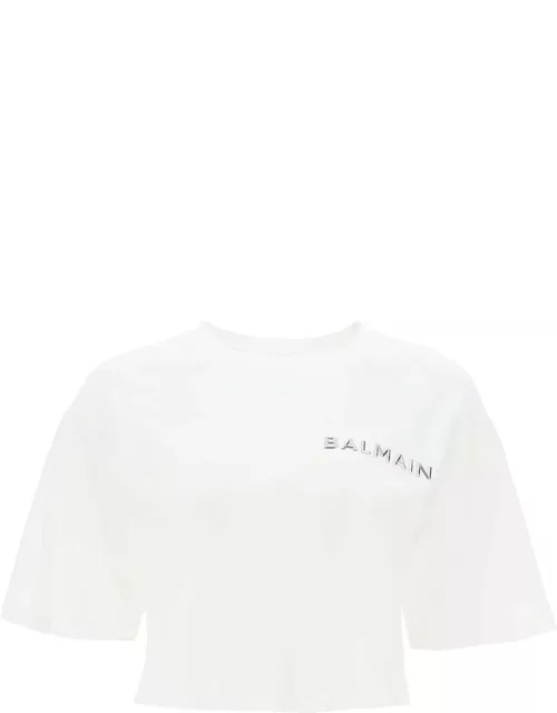 BALMAIN cropped t-shirt with metallic logo