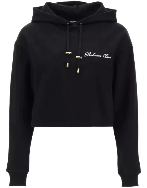 BALMAIN cropped hoodie with logo embroidery