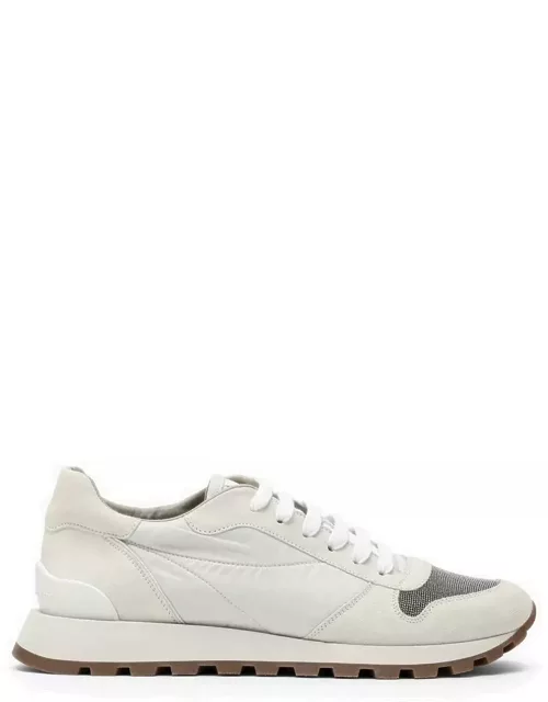 White nylon and suede trainer