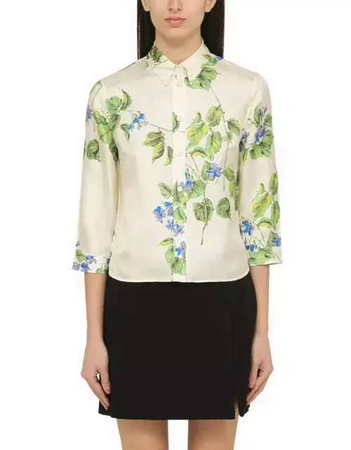 Talc-coloured silk shirt with floral pattern