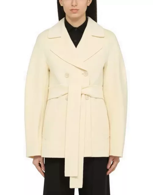 Short double-breasted vanilla wool and cashmere coat