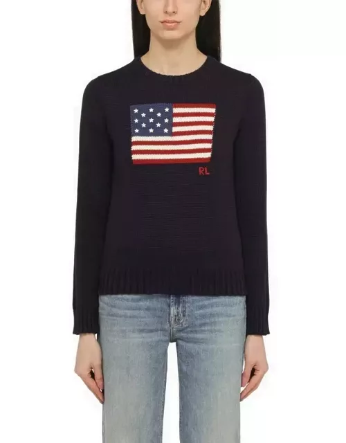 Navy blue cotton crew-neck sweater with flag