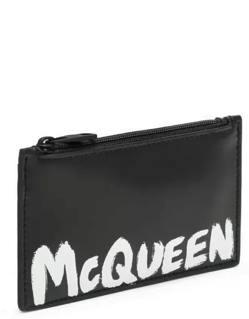 Black leather zipped card holder with logo