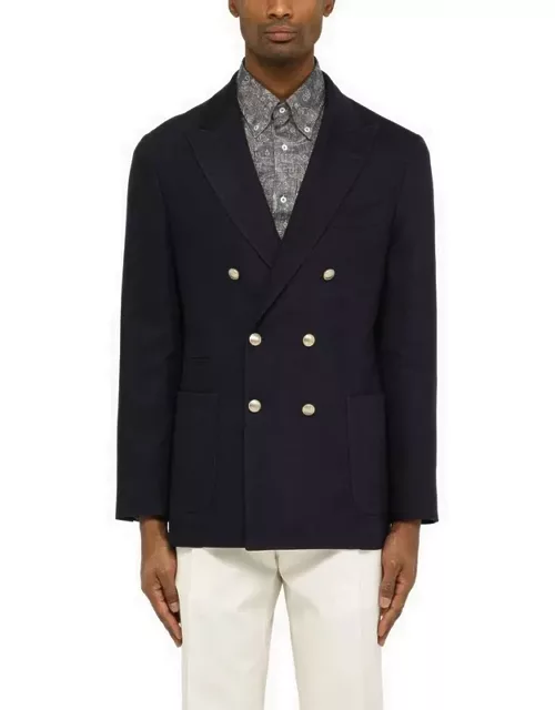 Navy blue double-breasted jacket in linen and woo