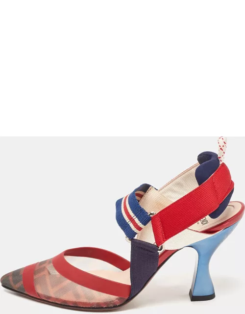 Fendi Brown Multicolor Mesh and Fabric Colibri Slingback Sandal