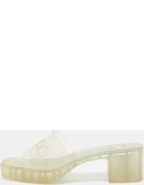 Gucci Transparent PVC Embossed Logo Block Heel Slide Sandal