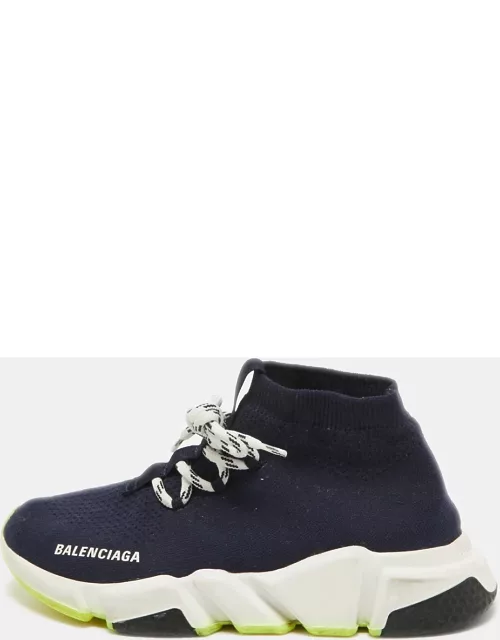 Balenciaga Navy Blue Knit Speed Trainer High Top Sneaker