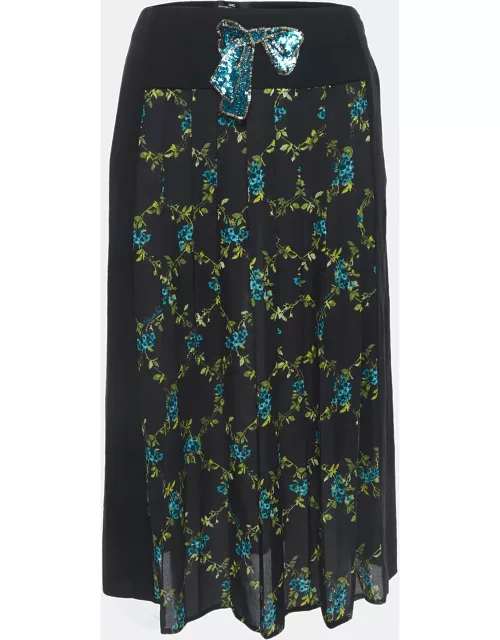 Elisabetta Franchi Black Floral Print Crepe Pleated Semi Sheer Midi Skirt