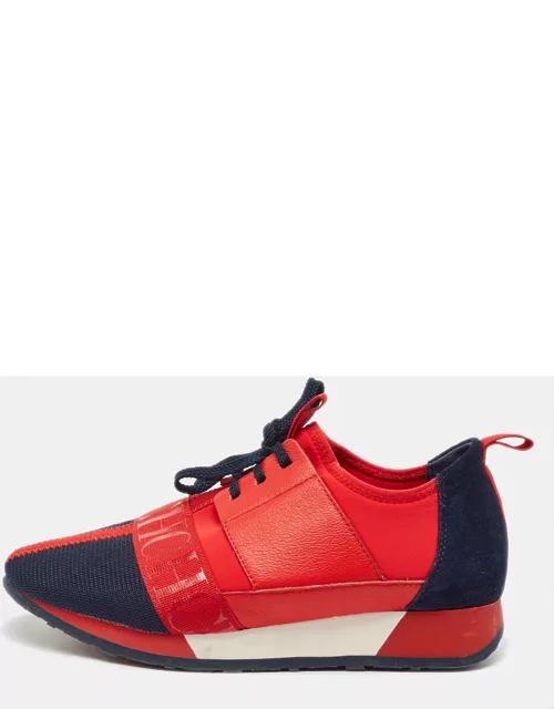 CH Carolina Herrera Red/Navy Blue Leather and Suede Low Top Sneaker