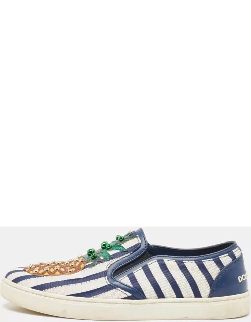 Dolce & Gabbana White/Navy Blue Canvas and Fabric Low Top Sneaker