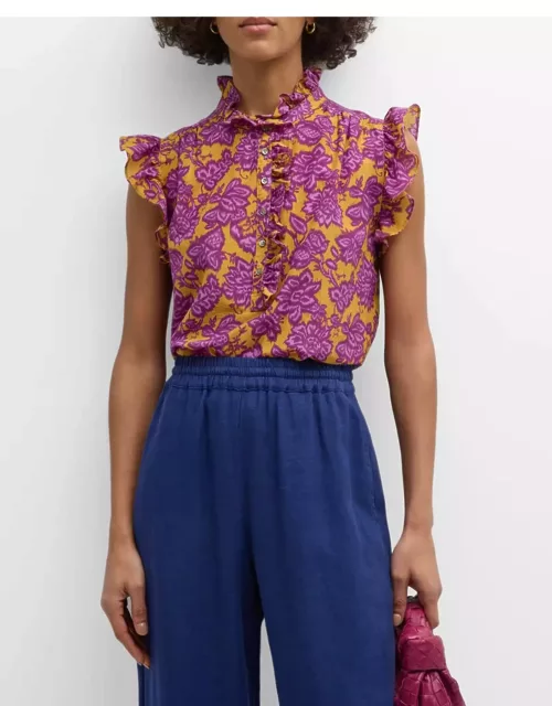 Brenna Floral-Print Ruffle Button-Down Top