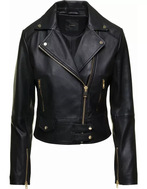 Pinko Black Zip-up Biker Jacket With Revers Collar In Leather Woman
