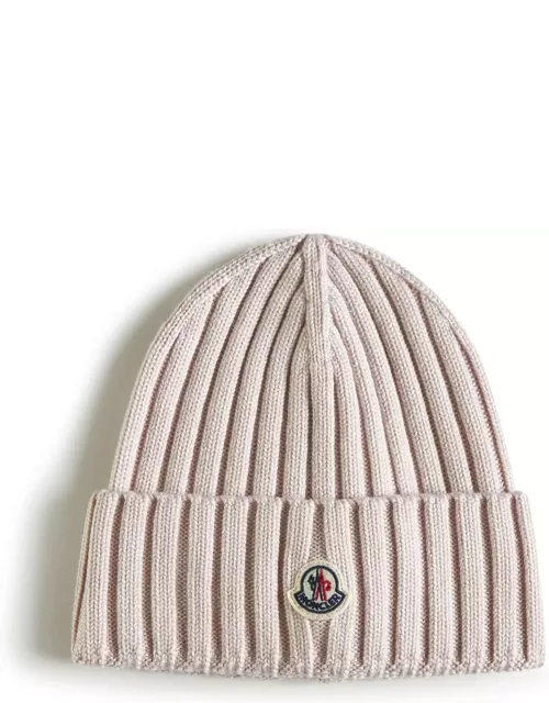 Moncler Light Pink Ribbed Wool Beanie With Logo