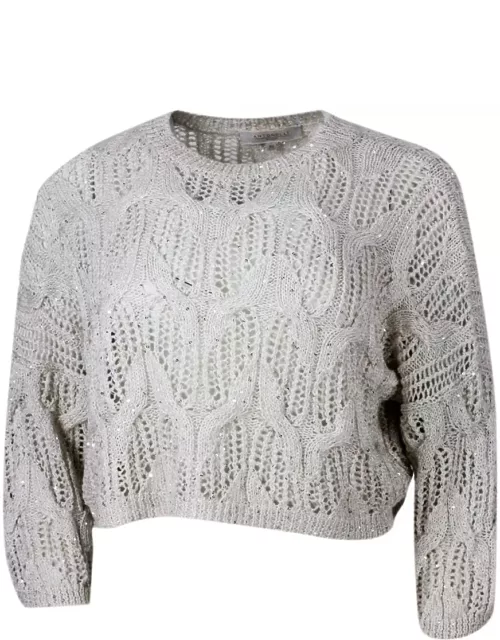 Antonelli Long-sleeved Crew-neck Sweater With Braided Workmanship Embellished With Cotton And Linen Microsequin