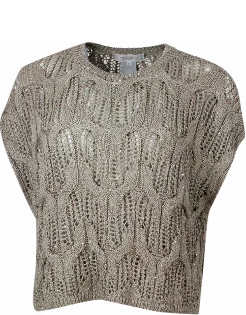 Antonelli Sleeveless Crew-neck Sweater With Cable Knit Embellished With Cotton And Linen Microsequin