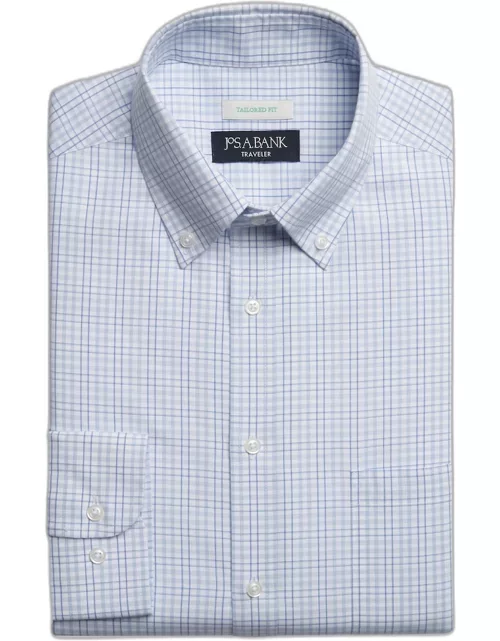 JoS. A. Bank Men's Traveler Collection Tailored Fit Button-Down Collar Plaid Dress Shirt, Light Blue, 16 1/2 32