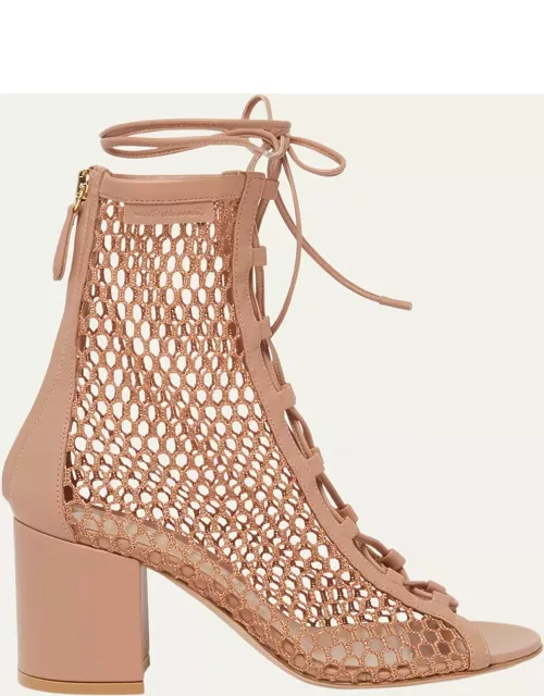 Net Leather Lace-Up Bootie