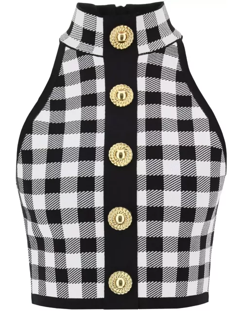 BALMAIN gingham knit cropped top with embossed button