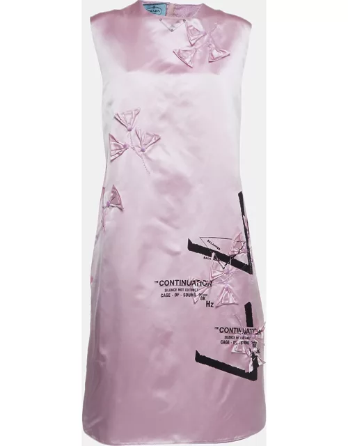 Prada Pink Printed Silk Floral Applique Duchess Shift Dress