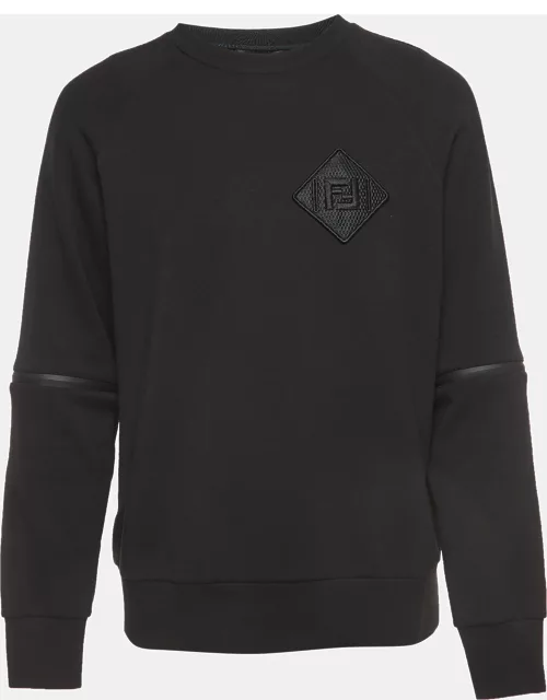 Fendi Black Logo Patch Cotton Knit Zipper Detail Sleeve Sweater