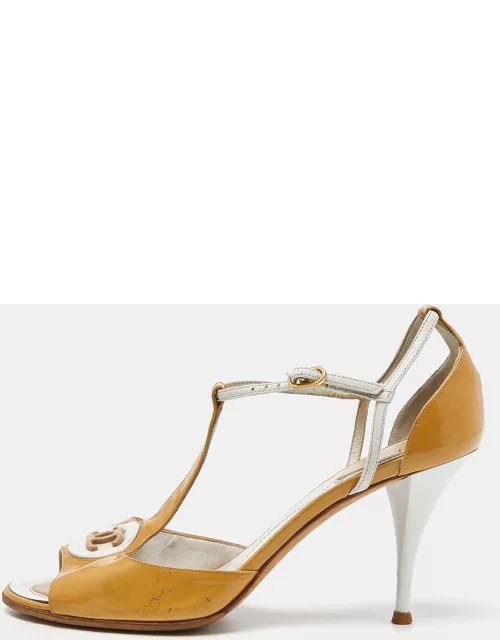 Chanel Beige/White Patent and Leather CC T-Bar Ankle Strap Sandal