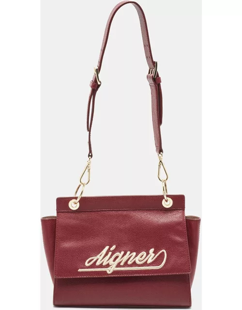 Aigner Dark Red Leather Embroidered Logo Shoulder Bag