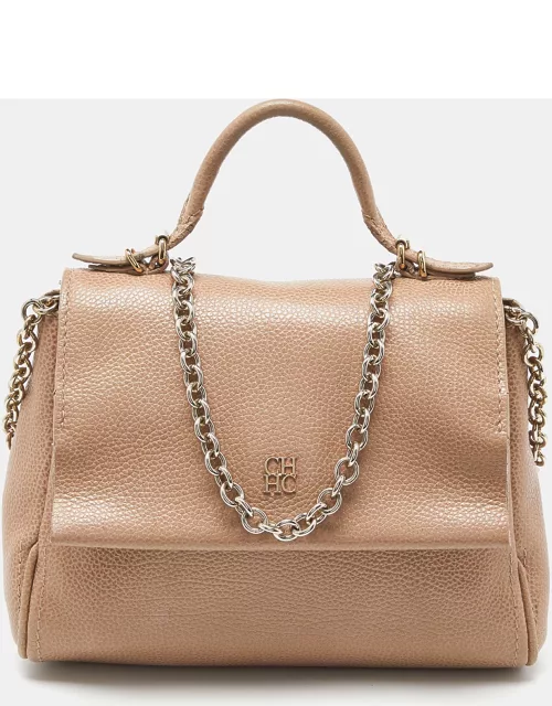 CH Carolina Herrera Beige Leather Minuetto Flap Top Handle Bag